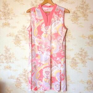 Vintage 60s 70s Pink Floral Paisley Mod Shift Dress L Resortwear Frog Closure